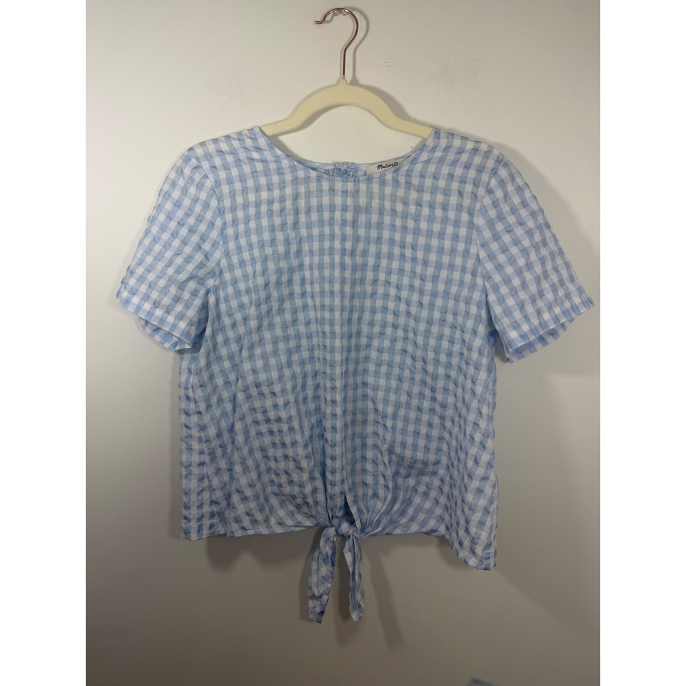 Madewell Blue Gingham Tie Front Button Back Blouse Womens M Short Sleeve Top